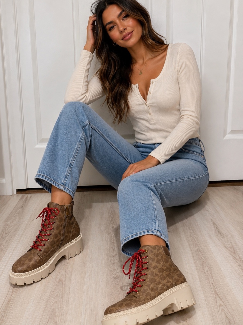 Coach Brown Logo Platform Ankle Boots with Red Laces